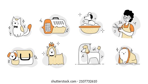 Pet grooming salon icon set. Cute dog beauty grooming salon, wash, care hair of pet. Doodle line style animal and character. Vector illustration.  svg