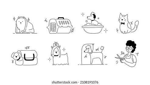 Pet grooming salon icon set. Cute dog beauty grooming salon, wash, care hair of pet. Doodle line style animal and character. Vector illustration. svg