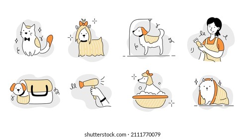 Pet grooming salon icon set. Cute dog beauty grooming salon, wash, care hair of pet. Doodle line style animal and character. Vector illustration. svg