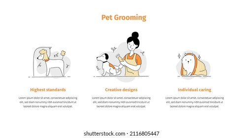 Pet Grooming Salon Icon Set For Mobile App, Site Template. Cute Dog Beauty Grooming Salon, Wash, Care Hair Of Pet. Doodle Line Style Animal And Character. Vector Illustration.