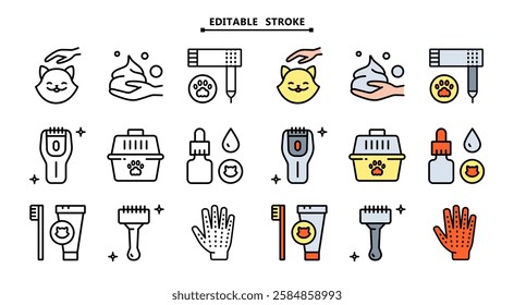 Pet grooming salon icons set. Editable stroke. Taking care of cats and dogs. Veterinarian services. Simple vector icons for ui and ux, website or mobile application