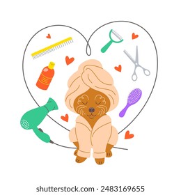 Pet Grooming Salon Illustration mit niedlichen glücklichen Pudel Hund im Bademantel, Handtuch und einige Groomer-Tools wie Fön, Schere, Shampoo, Bürsten, alle in Herzform. Entzückendes handgezeichnetes Doodle