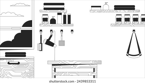 Ilustración de línea en blanco y negro del interior del salón de belleza para mascotas. Servicio profesional. Lugar de trabajo de peluquero animal con herramientas 2D interior de fondo monocromo. Imagen vectorial de escena de contorno de diseño interior