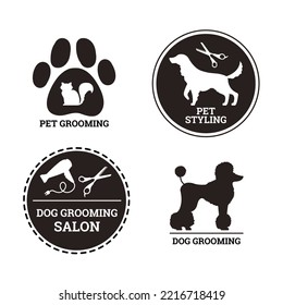 Pet grooming salon logo templates, silhouette of pets and grooming equipment, vector illustration isolated on white. Set of black and white logotypes. Dogs and cats styling and care.