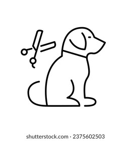 Pet grooming salon. Sitting dog and haircut scissors. Pixel perfect icon