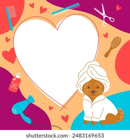 Pet grooming salon social media post template with cute poodle dog in a bathrobe and towel as well as some groomer tools. Square frame for text promotion. Adorable doodle hand drawn vivid illustration