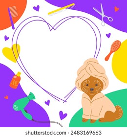 Pet grooming salon social media post template with cute poodle dog in a bathrobe and towel as well as some groomer tools. Square frame for text promotion. Adorable doodle hand drawn vivid illustration