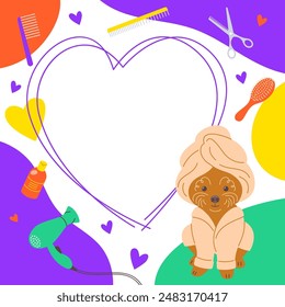 Pet grooming salon social media post template with cute poodle dog in a bathrobe and towel as well as some groomer tools. Square frame for text promotion. Adorable doodle hand drawn vivid illustration