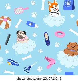 Pet grooming seamless pattern. Repeating design element for printing on fabric. Toys and bones for pets and domestic animals. Dogs and puppies in shampoo bubbles. Cartoon flat vector illustration