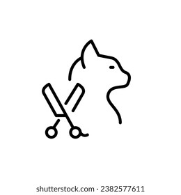Pet grooming service. Cat and scissors. Pixel perfect, editable stroke