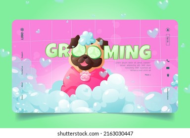 Pet grooming service with cute pug with cucumber slices. Vector cartoon illustration of spa salon for domestic animals with happy puppy relax in bathroom with soap foam