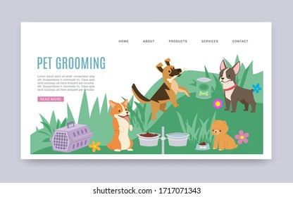 Pet grooming service and healthcare products cartoon web template vector illustration with dogs of different breeds. Dogs pet grooming webpage or landing.