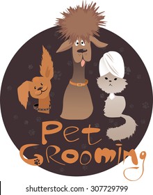 Pet grooming service illustration with two dogs of different breeds, a cat with a towel on it's head and original lettering, ESP 8 vector illustration, no transparencies
