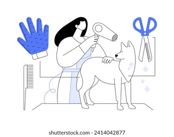 Pet grooming service isolated cartoon vector illustrations. Professional groomer doing dogs hairstyle using dryer, domestic animal, pet care service, small business, beauty salon vector cartoon.