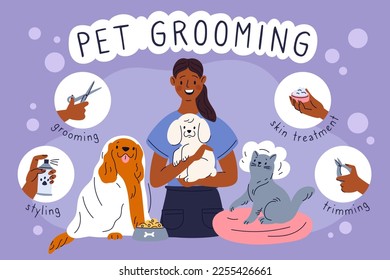 Pet grooming service poster. Animals beauty salon. Cartoon pretty dogs and cats. Professional hair care. Washing fur and claws cut. Woman with kittens and puppies. Garish