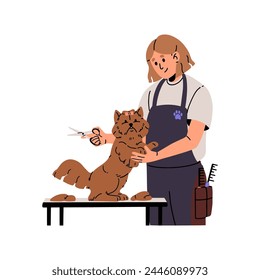 Salón de servicio de limpieza de mascotas. Profesional groomer corta pelaje de perro esponjoso con tijeras. La chica se preocupa por el lindo cachorro. La mujer se corta el pelo al cachorro en la mesa. Ilustración vectorial plana aislada sobre blanco