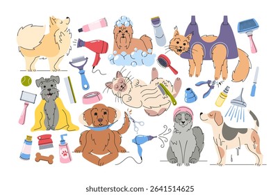 Pet grooming service set with happy satisfied domestic animals enjoying beauty and hygiene procedure