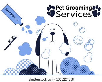 Pet grooming services banner.  Cartoon flat style graphic design. Can be used as  poster, ads in pet store for Animal care business. Vector illustration EPS 10