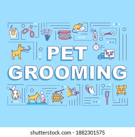 Pet grooming services concept icon with text. Pet salon word concepts banner. Infographics with linear icons on blue background. Isolated typography. Vector outline RGB color illustration