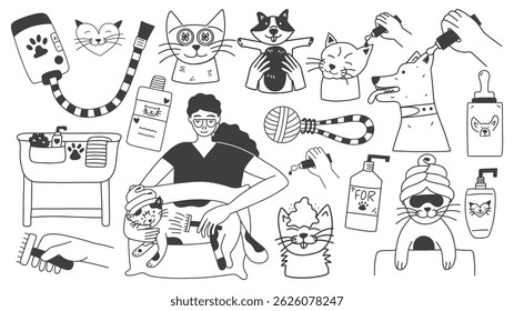 Pet grooming set. Caring for domestic animals, cats and dogs set elements. Doodle vector illustrations. 