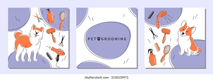 Pet grooming. Set of design for pet care salon. Cartoon dogs character with different tools for animal hair grooming. Vector illustration