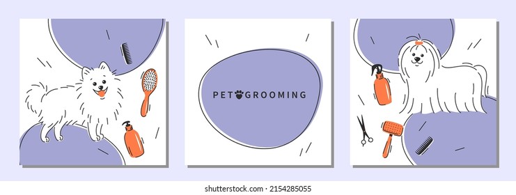Pet grooming. Set of design for pet care salon. Cartoon dogs character with different tools for animal hair grooming. Vector illustration