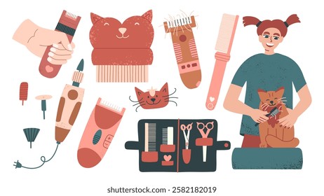 Pet grooming set. Nail clipping, brush, hair cutting. Cat grooming vector hand drawn illustration.