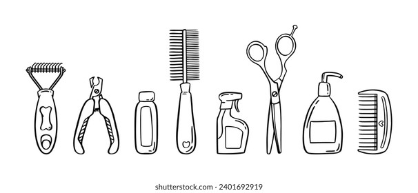 Pet grooming set. Salon for animals. Doodle style animal and character hand drawn. Vector 