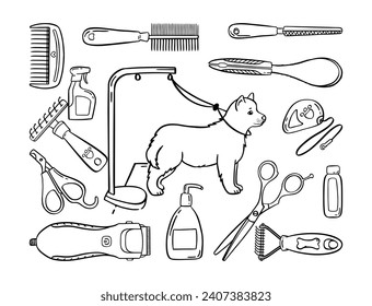 Pet grooming set. Salon for animals. Doodle style animal and character hand drawn. Vector illustration.