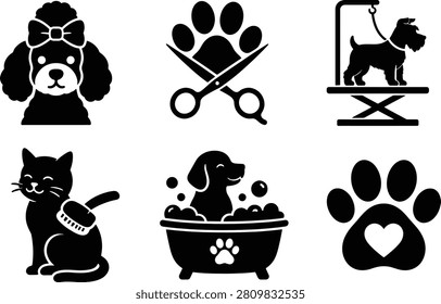 Pet grooming silhouette vector set featuring poodle, cat, bathing dog, grooming scissors, paw print and grooming table for pet salon logo, veterinary, animal care and grooming service design