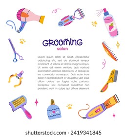 Pet grooming social media template. Instagram square post design with text space. Dog and cat grooming equipment. Stripping rake, hair clipper. Vector frame in flat vibrant style