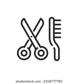 Pet Grooming Spa Services Icon. Vector Outline Editable Sign of Scissors and Comb, Symbolizing Professional Care, Pet Beauty Salon and Hygiene for Pets.
