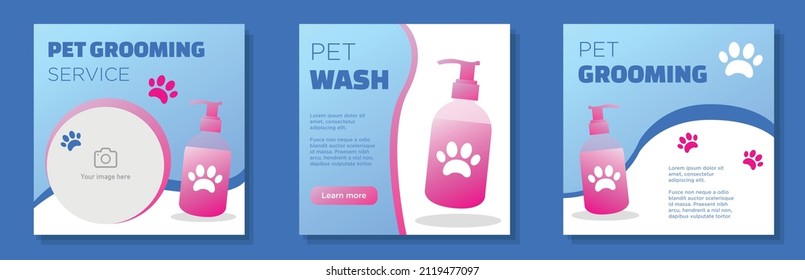 Pet grooming store social media post, square banner set, clean washing service advertisement concept, animal paw with soap bottle marketing ad, abstract modern brochure, isolated on background.