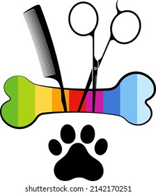Pet Grooming Symbol. Schere und Kamm des Groomers. Regenbogenbein