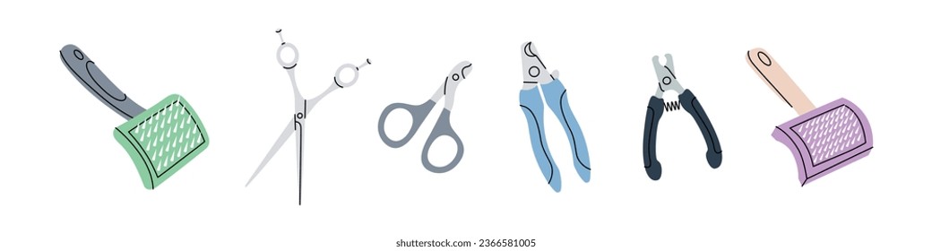 Pet grooming tools. Brushes, fur remover, nail clippers, scissors. Animals accessories, pet supplies. Vector illustration.