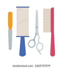 Pet Grooming. Tools for the care of cat claws and fur - scissors, cat brush, nail file, lint roller. Pet store concept. Modern vector illustration, minimalistic style. Isolated on white.