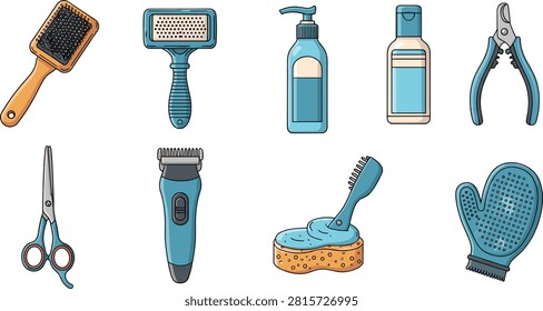 Pet Grooming Tools Featuring Brushes, Shampoo Bottles, Nail Clippers, Scissors, and Electric Trimmer in Colorf