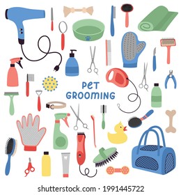 Pet grooming tools set. Dog and cat care, grooming, hygiene, health, accessories, vets. Beauty salon for domestic animals, Pet shop. Flat vector illustration isolated on white background