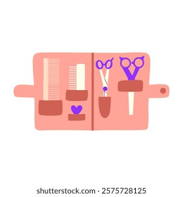 Pet grooming tools. Wool combs and shearing scissors. Vector hand draw illustration