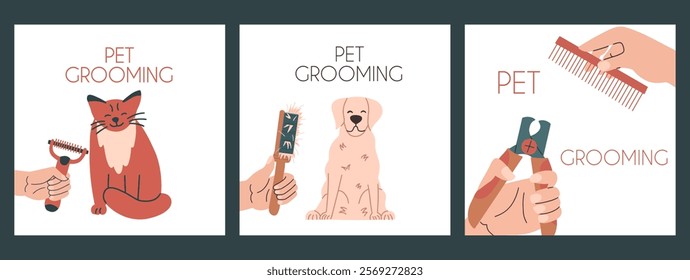 Pet grooming vector hand draw cards. Domestic animal care set. 