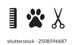 Pet Grooming Vector Icons - Dog Paw, Scissor, and Comb Symbols for Animal Care, Grooming Services, Pet Salons, Dog Grooming, Animal Grooming, Pet Care, and Veterinary Services