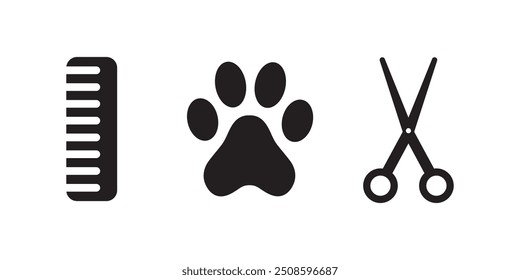 Iconos vectoriales de cuidado de mascotas: pata de perro, tijera y peine Símbolos para el cuidado de animales, servicios de cuidado de mascotas, salones de mascotas, cuidado de perros, cuidado de animales, cuidado de mascotas y servicios veterinarios