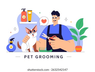 Pet Grooming Ilustração Vetor com a Manutenção da Limpeza, Saúde e Aparência de Animais de Estimação, como um Cão ou Gato em um Fundo