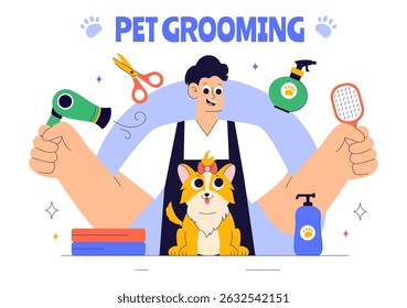 Pet Grooming Ilustração Vetor com a Manutenção da Limpeza, Saúde e Aparência de Animais de Estimação, como um Cão ou Gato em um Fundo