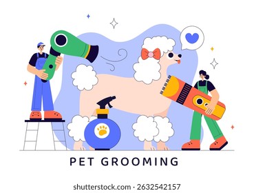 Pet Grooming Ilustração Vetor com a Manutenção da Limpeza, Saúde e Aparência de Animais de Estimação, como um Cão ou Gato em um Fundo