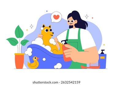 Pet Grooming Ilustração Vetor com a Manutenção da Limpeza, Saúde e Aparência de Animais de Estimação, como um Cão ou Gato em um Fundo