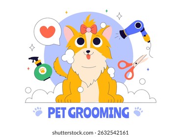 Pet Grooming Ilustração Vetor com a Manutenção da Limpeza, Saúde e Aparência de Animais de Estimação, como um Cão ou Gato em um Fundo