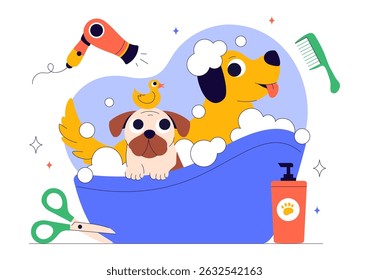 Pet Grooming Ilustração Vetor com a Manutenção da Limpeza, Saúde e Aparência de Animais de Estimação, como um Cão ou Gato em um Fundo