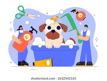 Pet Grooming Ilustração Vetor com a Manutenção da Limpeza, Saúde e Aparência de Animais de Estimação, como um Cão ou Gato em um Fundo