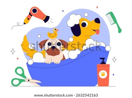 Pet Grooming Vector Illustration featuring the Maintenance of Cleanliness, Health, and Appearance of Pets such as a Dog or Cat in a Background